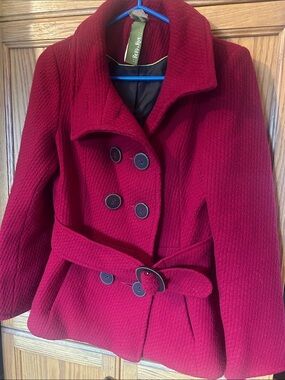 Soia & Kyo Deep Red Double-Breasted Belted Pea Coat